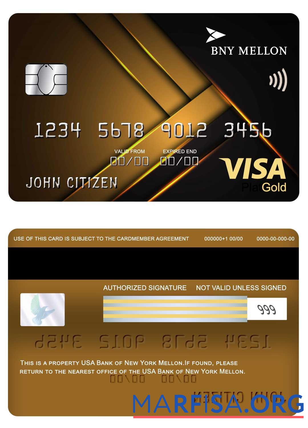 Realistic USA Bank of New York Mellon visa gold card template